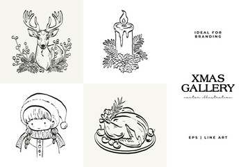 Merry Christmas and Happy New Year illustration, for greeting cards, posters, holiday covers. Xmas festive linocut black hand drawn.