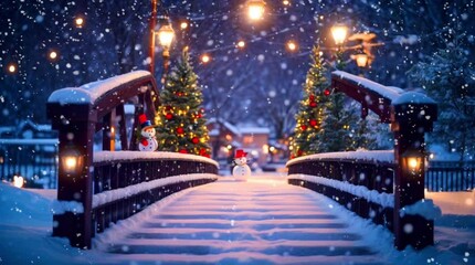 Joyful Holiday Vibes: Smiling Snowman on a Wooden Bridge Covered in Pristine Winter Snow - Powered by Adobe