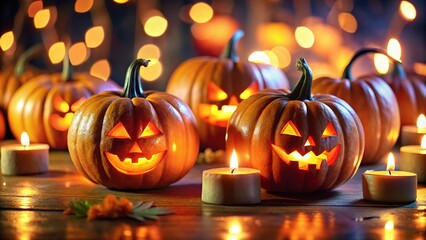 Fototapeta premium Halloween Pumpkins, Candlelight, Tilt-Shift Photography, Display