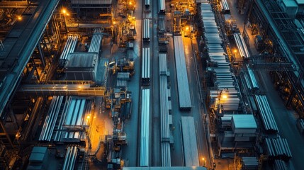Fototapeta premium Aerial panorama showing a stainless steel manufacturing plant, with assembly-line machinery on top working with precision. In the center