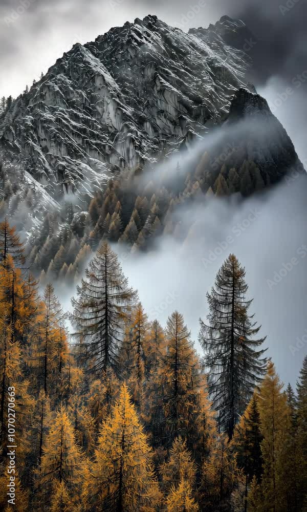 Poster a mountain range with trees in the foreground and a foggy sky in the background. the trees are bare 