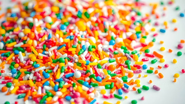 A vibrant scattering of colorful sprinkles, a delightful confectionery decoration for sweet treats, with a variety of shapes and sizes, adds a touch of festive joy to any culinary creation.