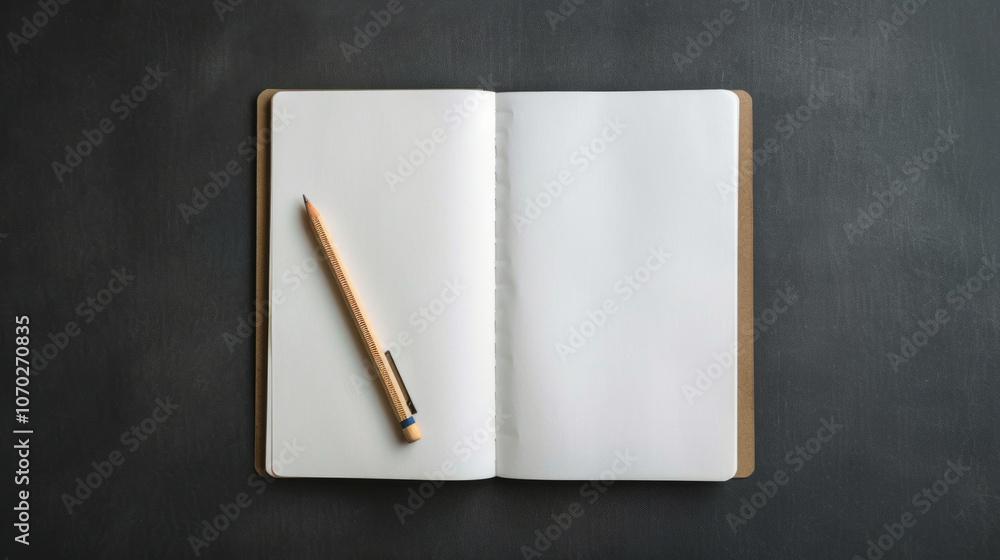 Poster an open notebook invites creative thoughts with a gold-tipped pen resting beside it on a dark surfac