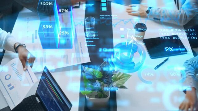 Top View of a Business Meeting With Interactive Holographic Data Visualizations. Professionals Analyze Charts, Graphs, and Percentages Projected. AI Technology in Modern Corporate Revenue Growth
