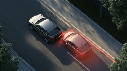 Two cars maintaining a safe distance on a quiet road during daylight hours