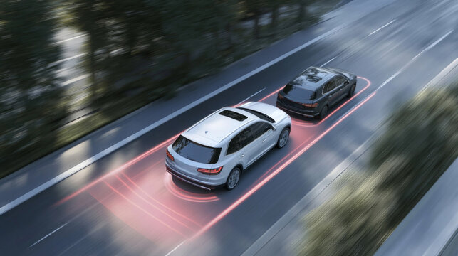 A car maintaining a safe distance while following another vehicle on a tree-lined road during daylight hours