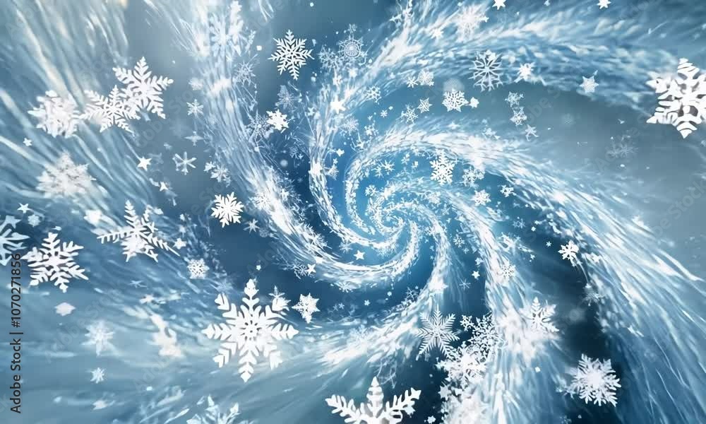Poster snowflakes falling in a swirling vortex, creating an intricate pattern of ice and wind, dynamic and 