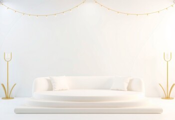 Minimalist white platform with gold accents and string lights.