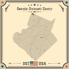 Large and accurate map of Gwinnett County, Georgia, USA with vintage colors.