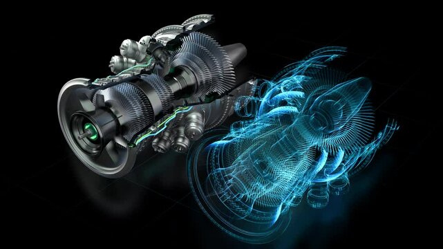 Innovative 3D Turbine Engine Concept Integrates Physical and Digital Elements. Advanced Green Energy Technology and Engineering Concepts for Clean Future