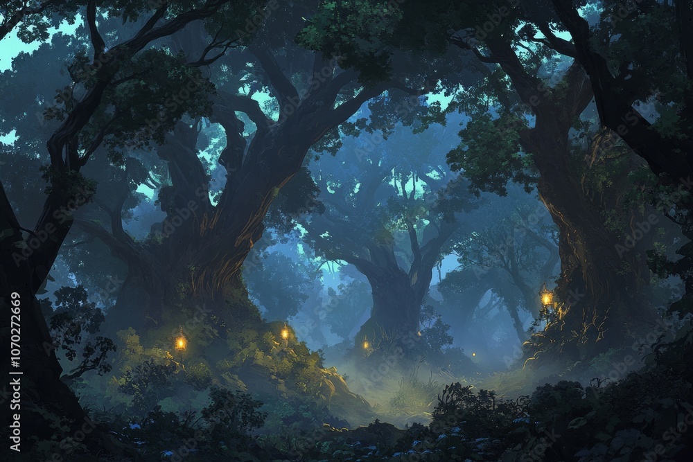 Poster mysterious forest landscape at twilight with glowing lanterns illuminating the path among ancient tr