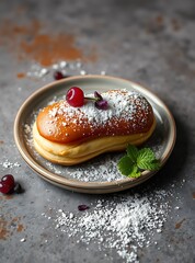Traditional french Eclairs with chocolate. Tasty colorful dessert profiteroles