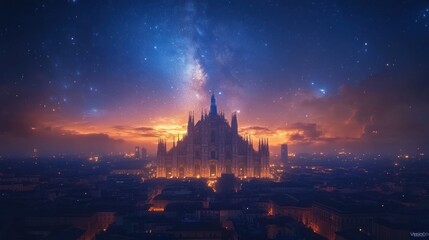 Naklejka premium Night Cityscape with Milky Way