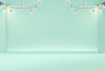 Minimalist room with a green wall, light fixtures and a platform.