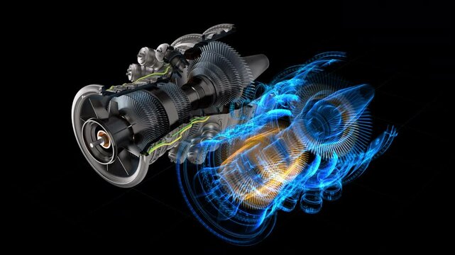 Advanced 3D Turbine Engine Concept With Digital Twin Visualization. Components Integrate With Projections. Sustainable Technology and Design. Technical Concept High Tech Clean Energy Engineering.