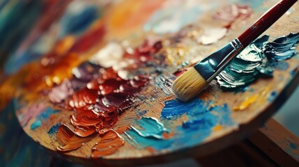 Fototapeta premium An artist's palette filled with vibrant paint colors and a brush resting beside it at a creative workspace during the day
