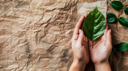 Hands gently hold a fresh green leaf over a textured, eco-friendly background promoting sustainable practices in nature