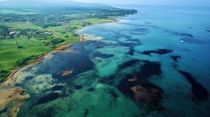 Aerial view of an oil spill spreading over the ocean, with dark patches of oil floating on the water surface. Nearby coastal areas are affected, and rescue boats work to contain the spread