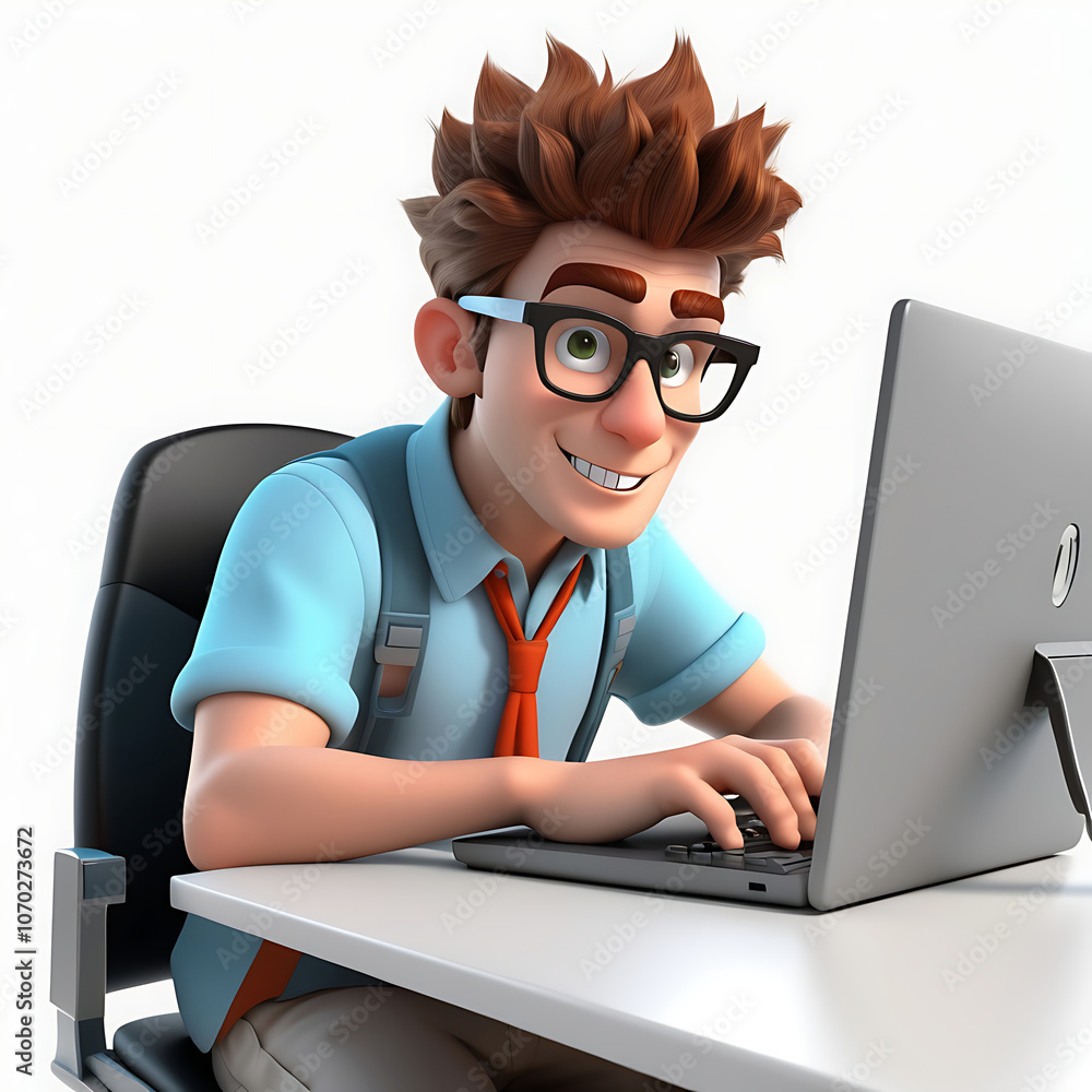 Poster nerd larry sits at the table with a computer. 3d illustration. business