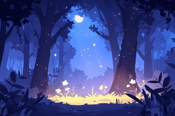 A serene twilight forest with sparkling stars and a glowing moon illuminating delicate flowers and lush greenery