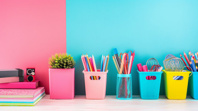 Organizational tips showcased in a vibrant workspace with colorful stationery and planters on a wooden desk