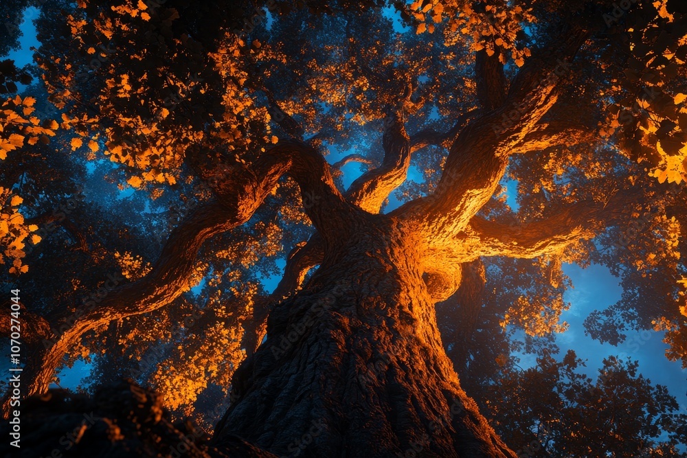 Poster majestic tree illuminated at twilight in a serene forest with vibrant autumn leaves and rich texture
