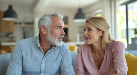 Couple discussing apartment features in a modern living room during a sunny afternoon