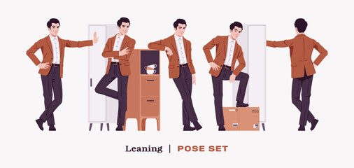 Handsome businessman wearing brown blazer suit jacket lean stand set. Confident modern office, casual street look for daily wear, dating, prom party, ceremony, business work. Vector illustration