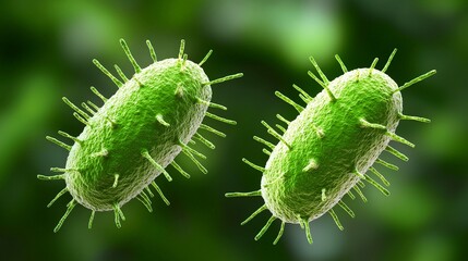 Fototapeta premium Two green bacteria with hair-like structures floating against a blurred green background, representing microorganisms in a natural environment.