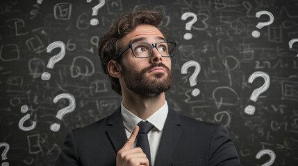 Confident man answers questions thoughtfully in a classroom setting with a chalkboard filled with inquiries during a discussion