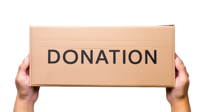 Two hand holding cardboard box mockup for charity campaign text DONATION on cardboard box isolated on white and transparent background, cut out png