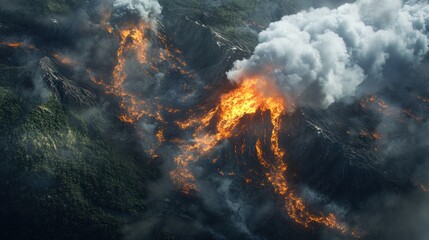 Aerial view of a volcanic eruption, with lava flowing down the sides of the volcano and smoke billowing from the crater. Surrounding vegetation is scorched, and ash clouds loom over the area