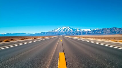 Naklejka premium Asphalt Road Leading to a Mountain Range with Snow Capped Peaks Under a Clear Blue Sky