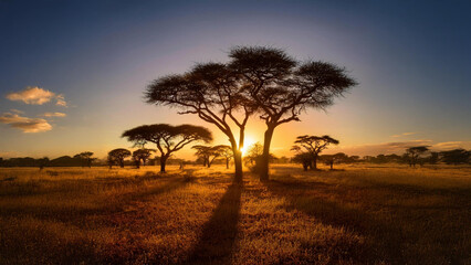 Obraz premium Sunrise in a savannah, with tall acacia trees silhouetted against the sky, and warm light casting long shadows on the ground