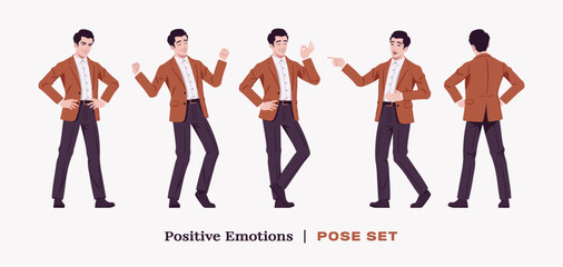 Handsome businessman wearing brown blazer suit jacket happy positive emotion set. Confident office, casual street look for daily wear, dating, prom party, ceremony, business work. Vector illustration