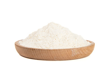 White flour in wood plate isolated on white background