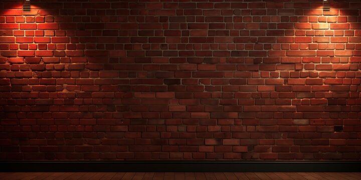 A dark room with a brick wall illuminated by two lights