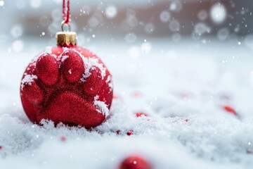 A red paw print ornament nestled in snowflakes on a winter day with scattered Christmas decorations around it. Christmas and New Year greetings from animal protection organization. With copy space