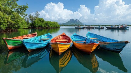 Obraz premium Colorful Boats Docked at a Serene Harbor Scene