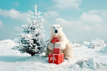 Fototapeta premium A polar bear holding a gift beside a snow covered Christmas tree in a winter wonderland setting during Christmas. Christmas and New Year greetings from animal protection organization. With copy space