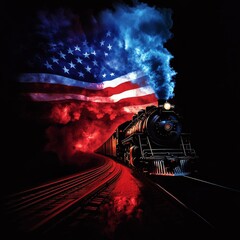Naklejka premium An intense visual of a locomotive traversing a track with red, white, and blue smoke forming a flag background, illustrating movement and national pride.