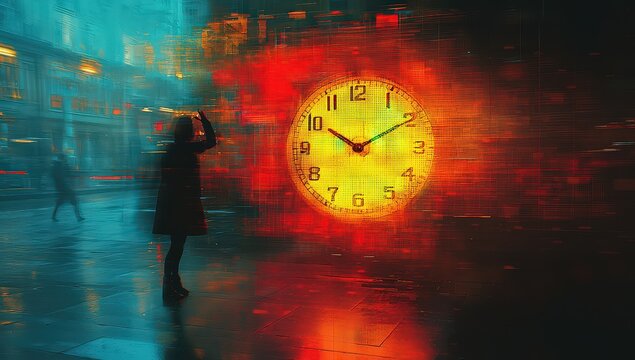 Abstract digital art of an alarm clock with vibrant colors and motion blur, symbolizing the concept of time passing in an urban environment. 