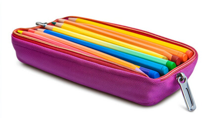Fototapeta premium A vibrant purple pencil case filled with assorted colored pens neatly arranged on a bright white surface