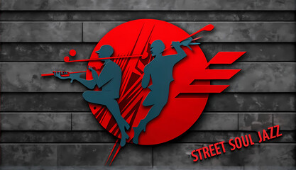 Street soul jazz musicians in bold red silhouette on concrete wall