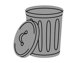 Hand drawn cute cartoon illustration of big garbage can with open lid. Flat vector trash bin, environmental pollution design in colored doodle style. Ecology sticker, icon. Rubbish disposal. Isolated.