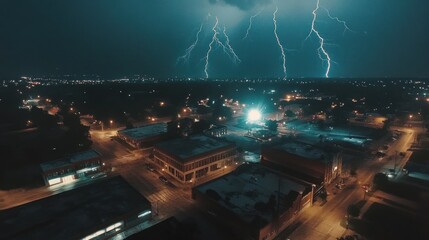 A nighttime aerial shot of a lightning storm over a city, with multiple lightning bolts illuminating the skyline