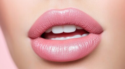 Obraz premium Close-up of glossy pink lips showcasing smooth texture and vibrant color, AI