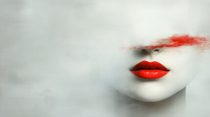 Obraz premium Illustration of red lips in an abstract composition, evoking mystery and sensuality in an almost ethereal presence.