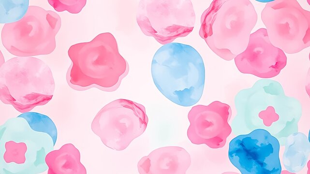 Abstract Watercolor Pattern of Pink and Blue Blobs and Floral Shapes on Pale Pink Background