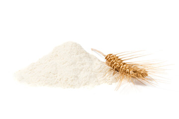 wheat flour with wheat ears on isolated white background
